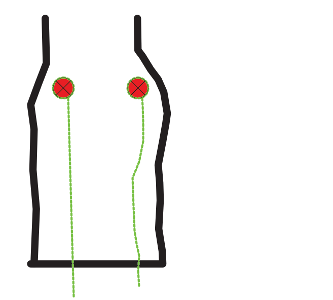 A diagram showing a skirt and leg outline with red dots to indicate where increases should be made.
